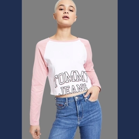 TOMMY JEANS NWT Cropped Cotton Color Block Logo T-Shirt-Pink & White/XL - Picture 2 of 12